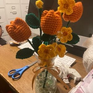Handcrafted Orange and Yellow Crochet Flower Arrangement (only flowers)